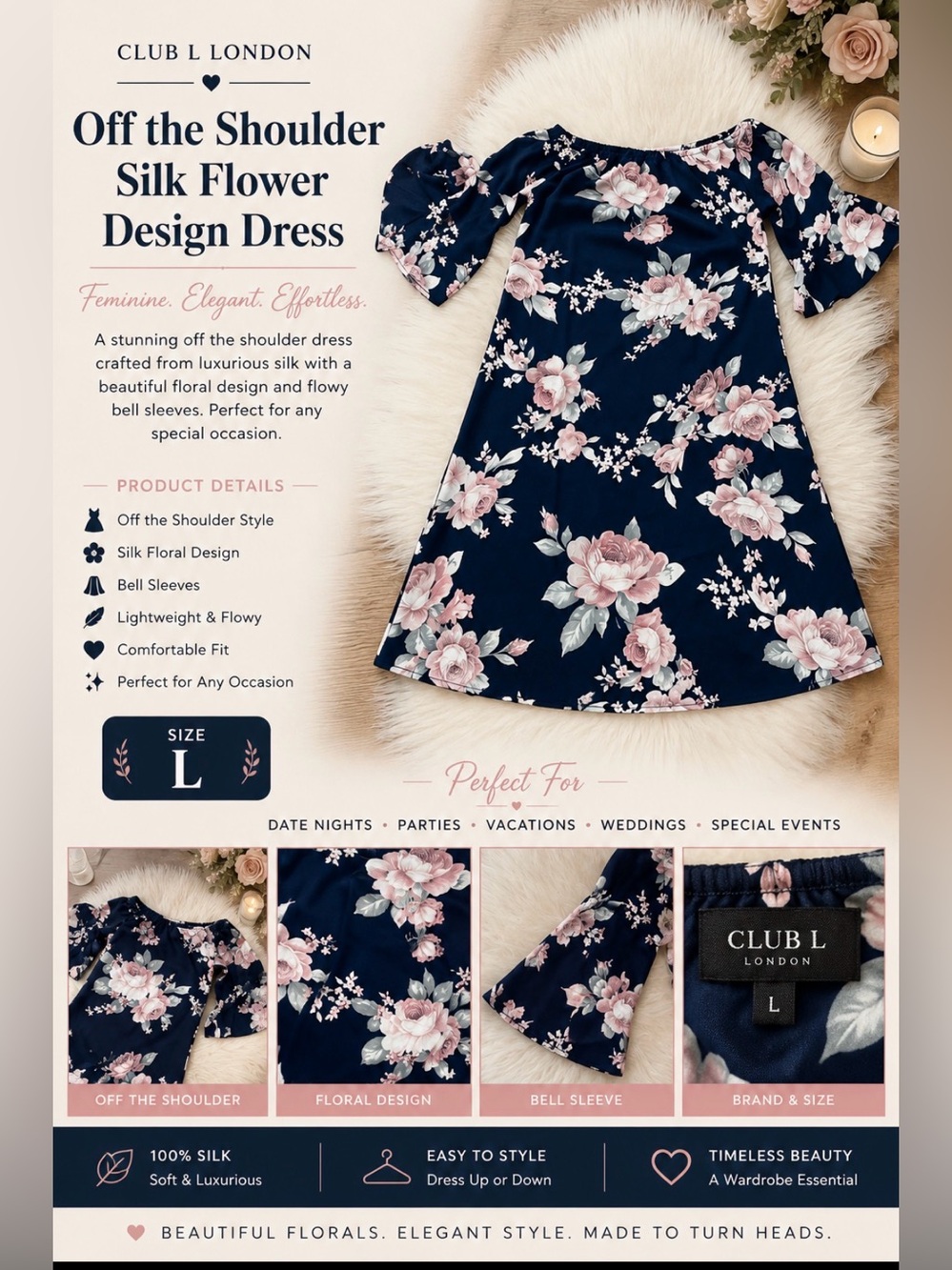 Off the shoulder Silk flower design dress